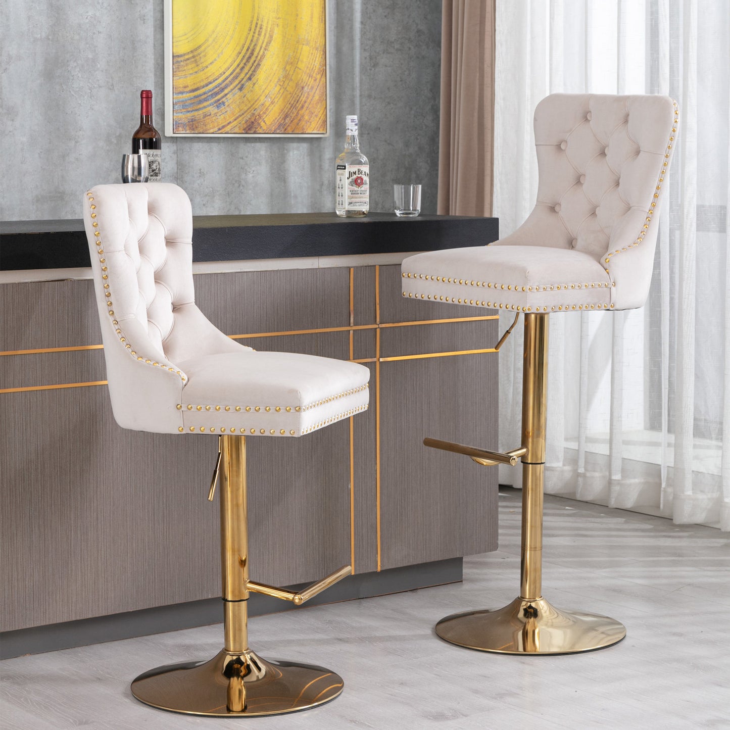 Beige Thick Golden Swivel Velvet Tufted Barstools, Set of 2