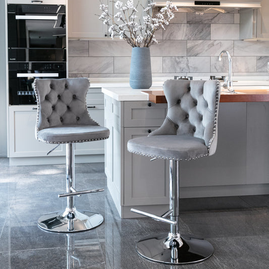 Grey Swivel Velvet Barstools, Chrome base