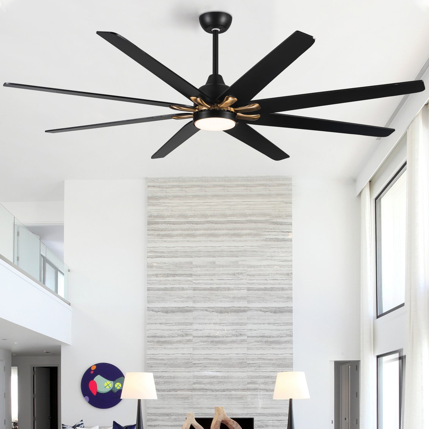 72" Black Wooden Large Ceiling Fan With LED Light and Remote Control