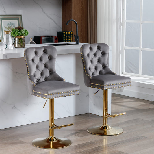 Grey Thick Golden Swivel Velvet Tufted Barstools