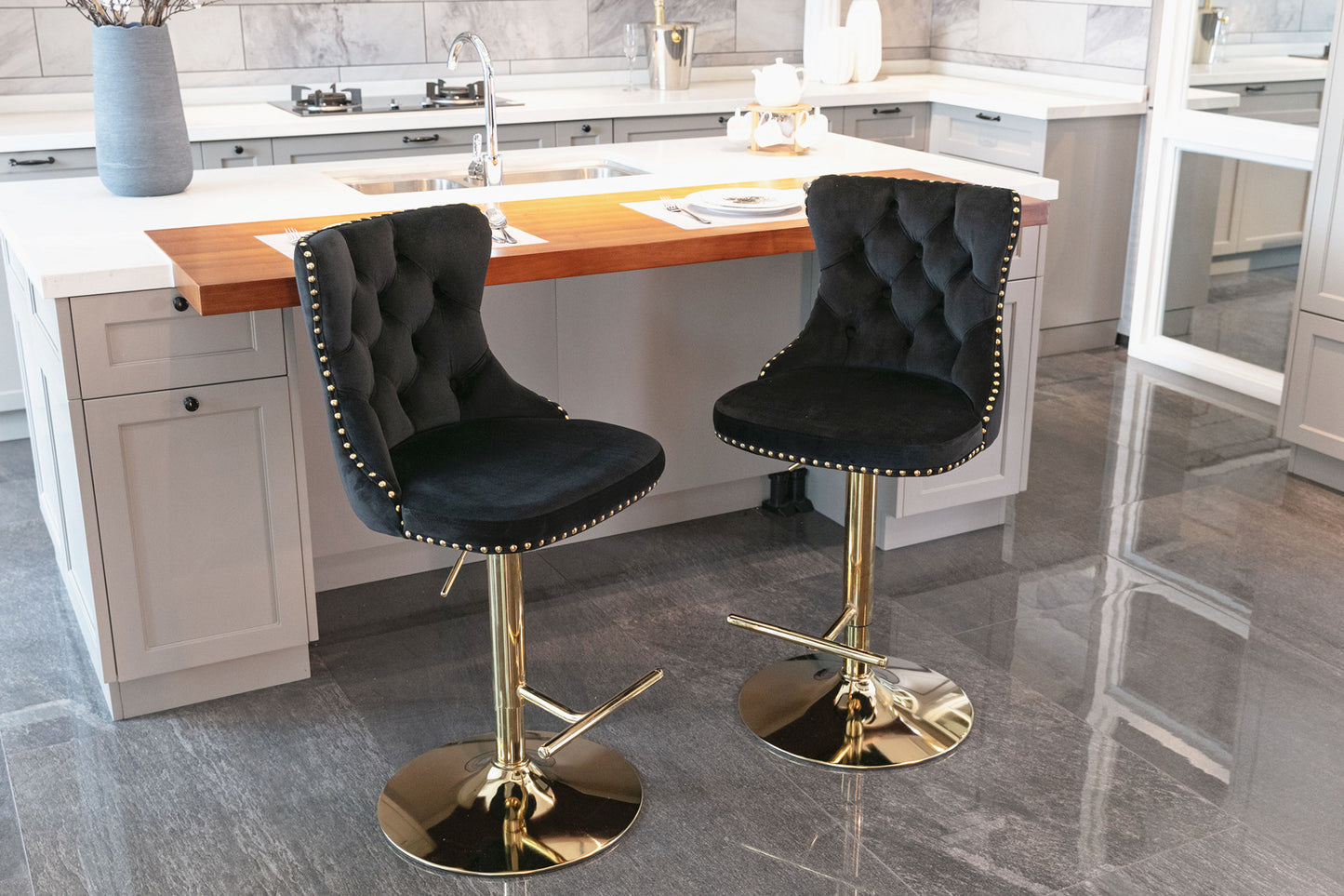 Black Modern Golden Swivel Velvet Barstools, Set of 2