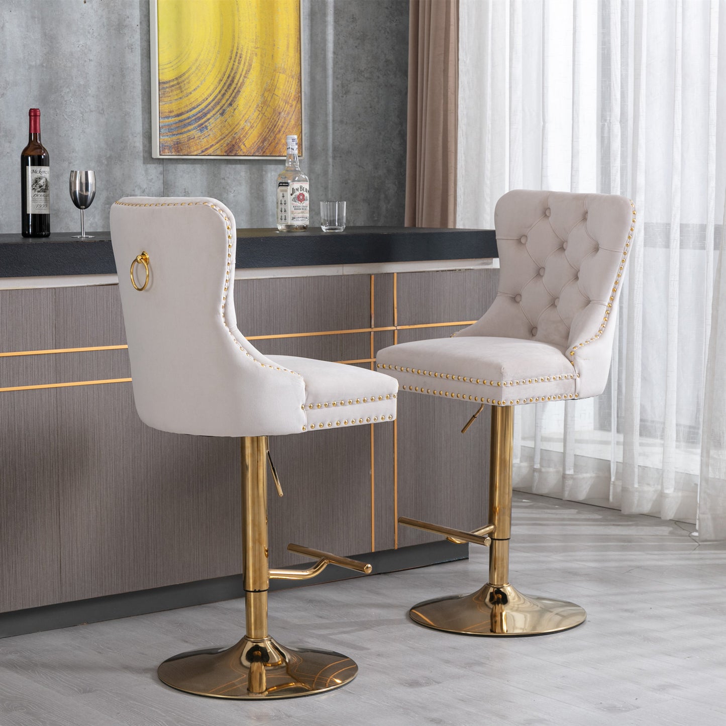 Beige Thick Golden Swivel Velvet Tufted Barstools, Set of 2