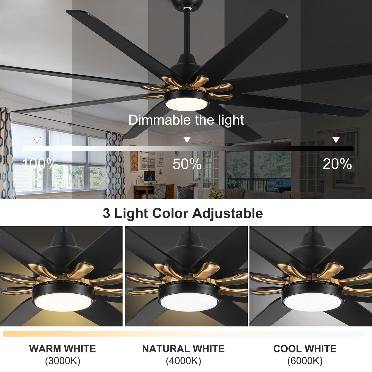 72" Black Wooden Large Ceiling Fan With LED Light and Remote Control