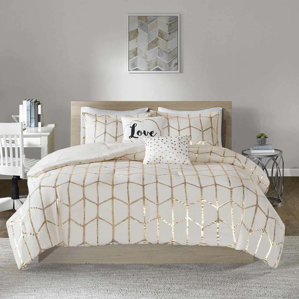 Cream Metallic Printed Comforter Set,