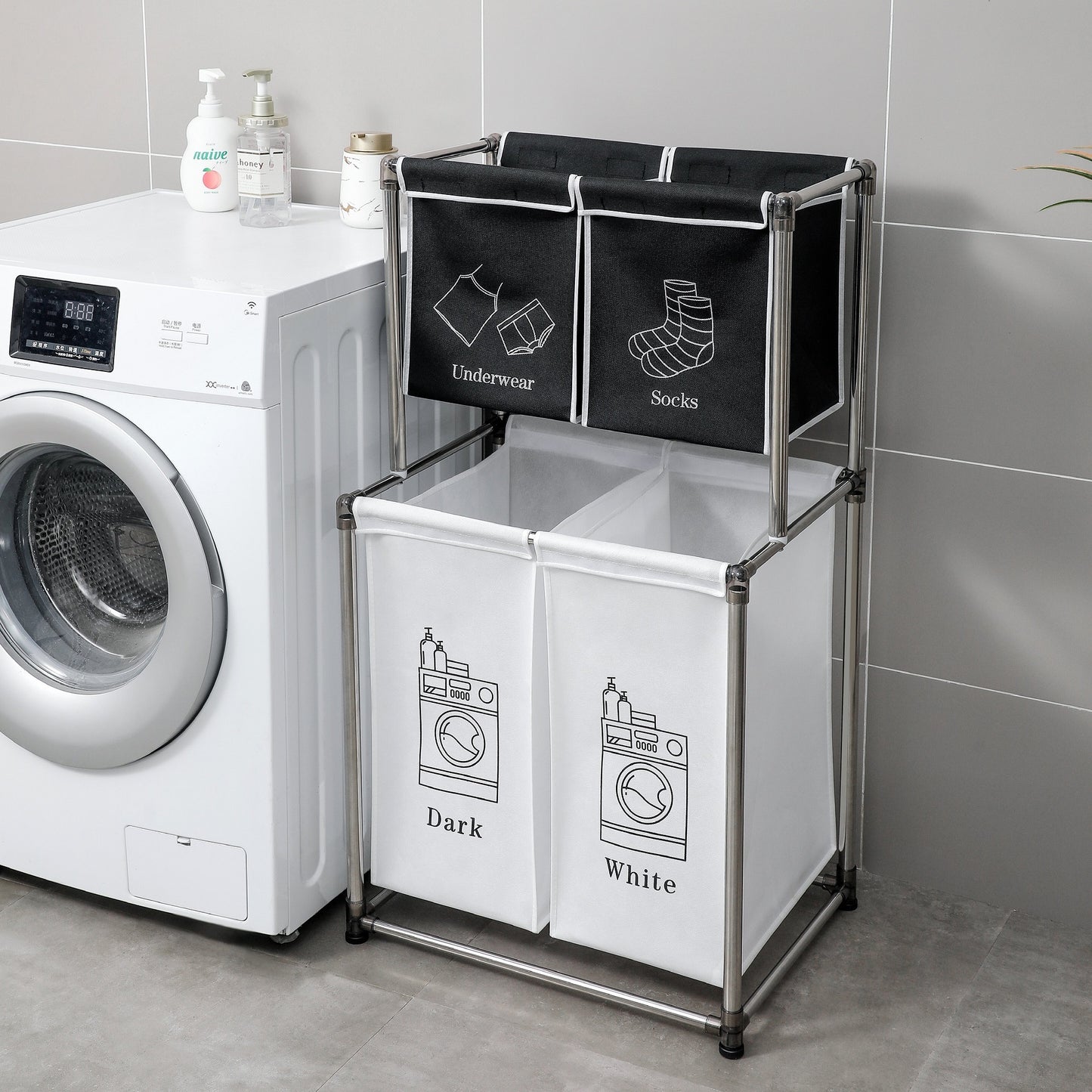 2 Tier Laundry Sorter with 4 Removable Bags