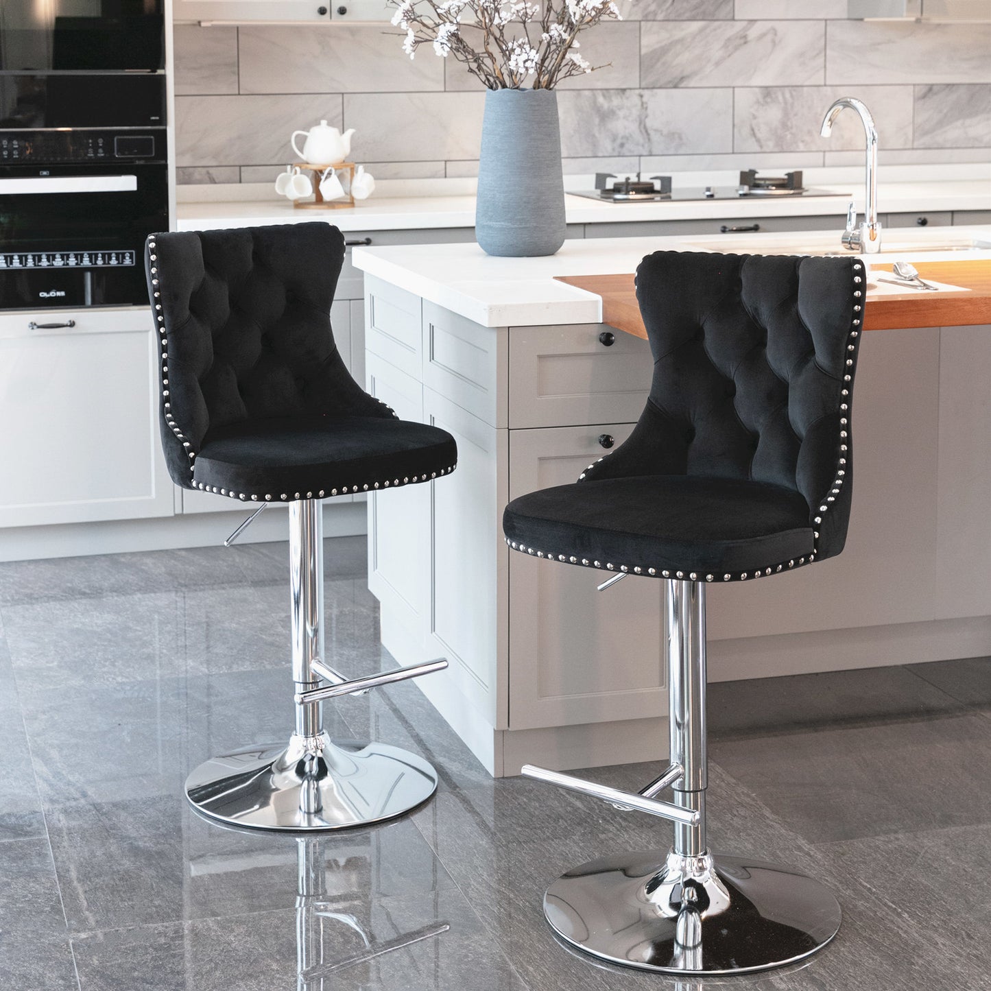 Black Swivel Velvet Barstools, Modern Upholstered Chrome base