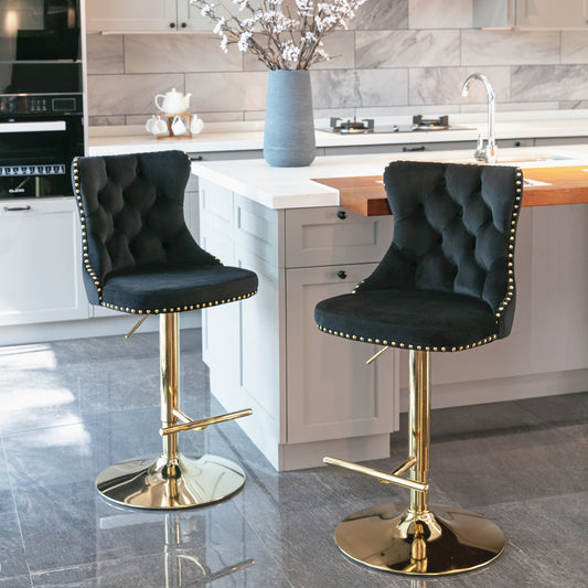 Black Modern Golden Swivel Velvet Barstools, Set of 2