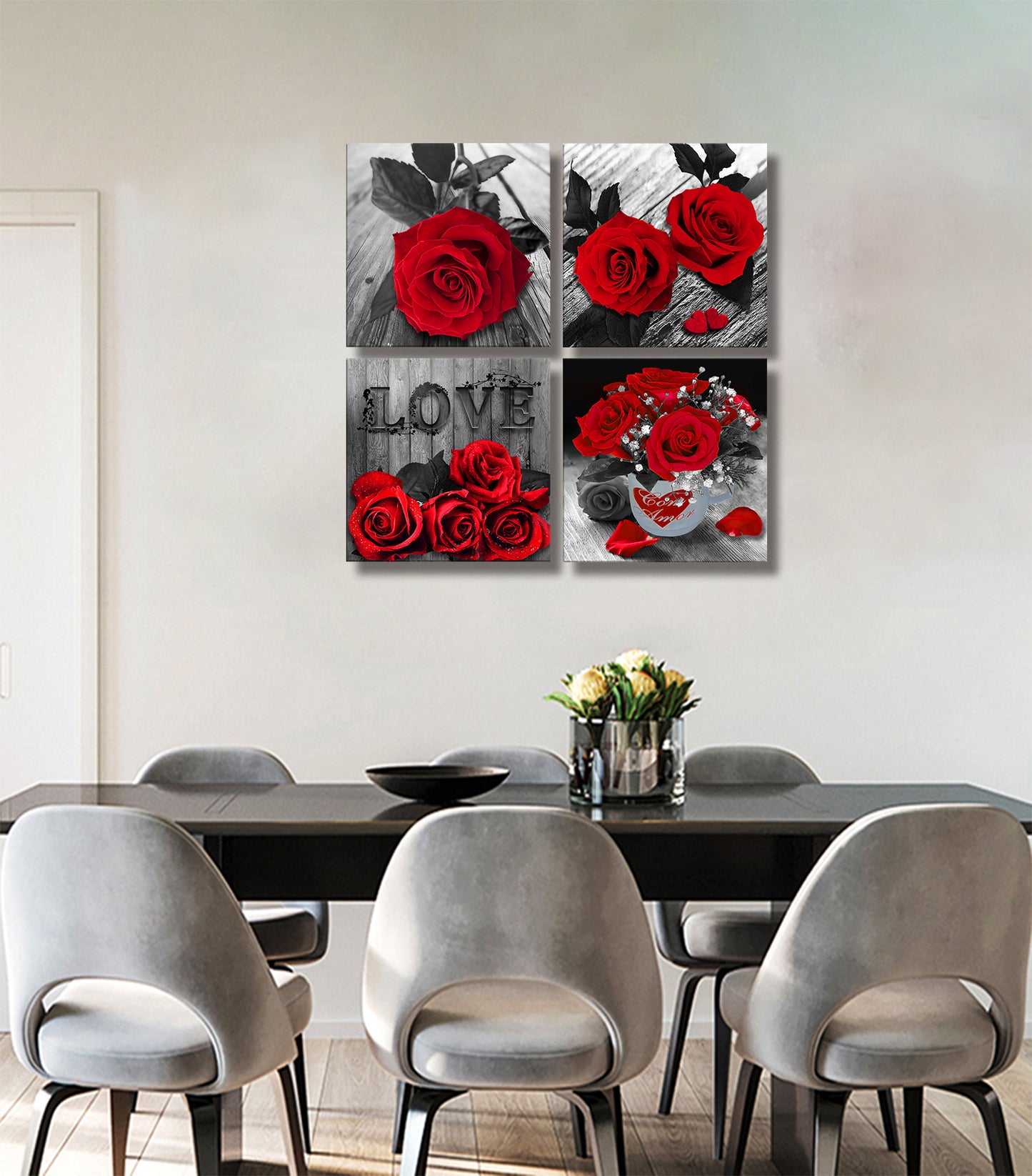 Red Rose Wall Canvas, set of 4