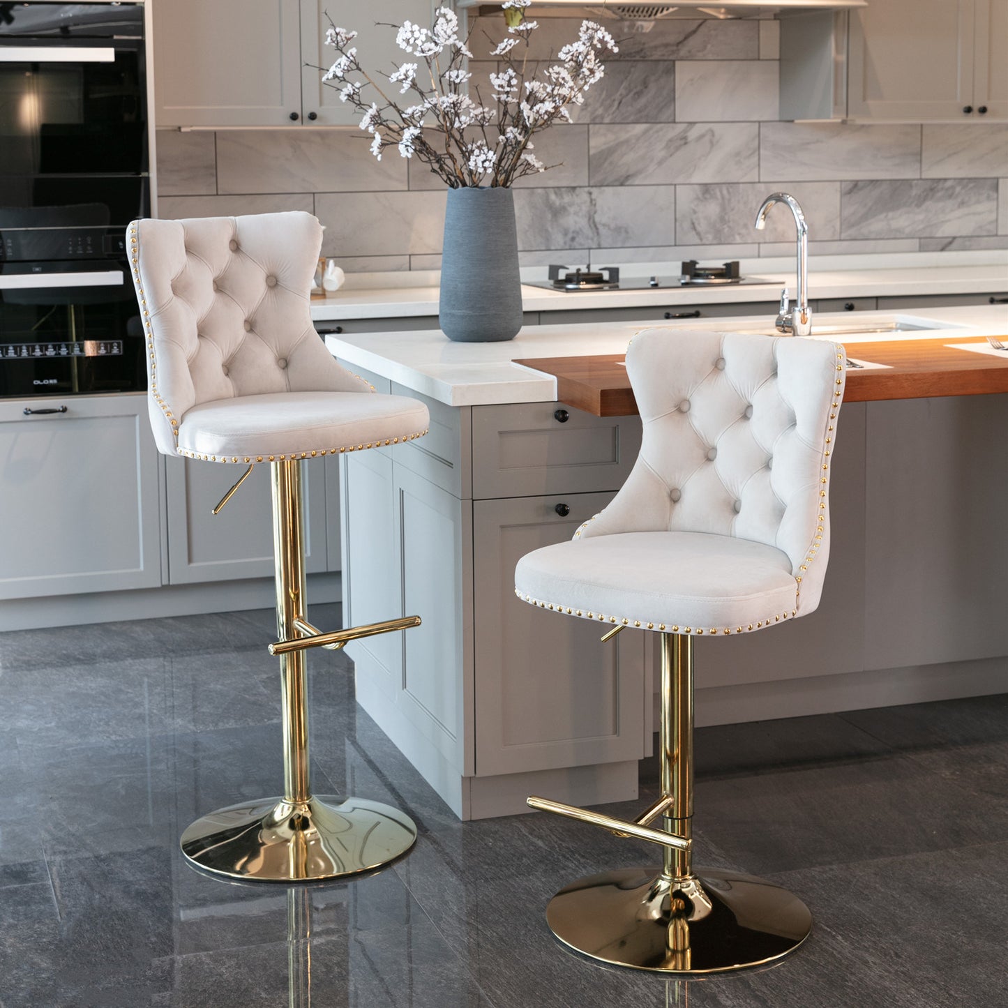 Beige Golden Swivel Velvet Barstools, Set of 2)