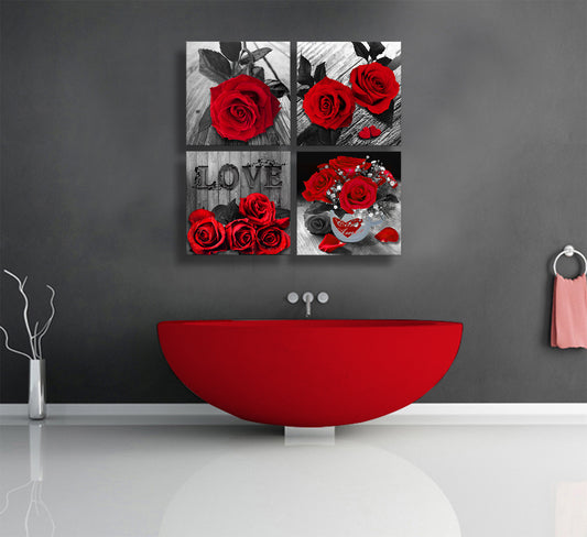 Red Rose Wall Canvas, set of 4