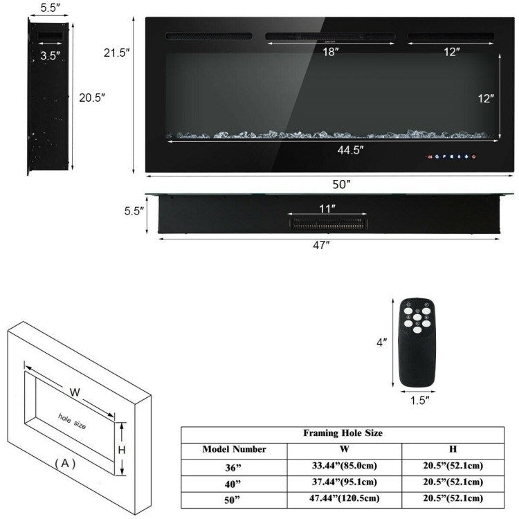 50" Recessed Electric Insert Wall Mounted Fireplace