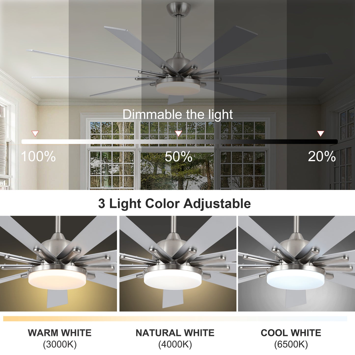 72" Indoor Brushed Nickel Smart Ceiling Fan with LED Light