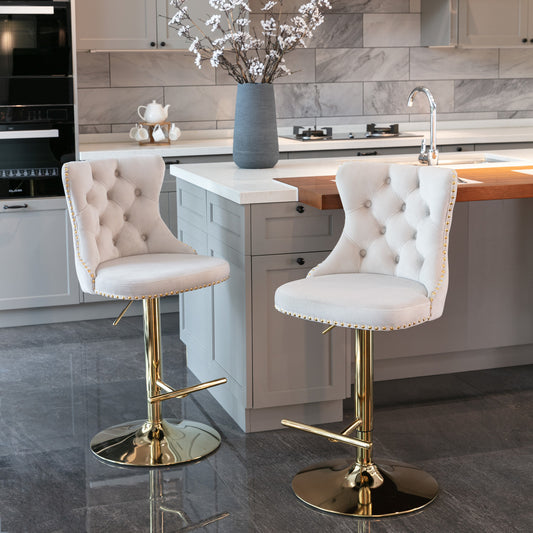 Beige Golden Swivel Velvet Barstools, Set of 2)