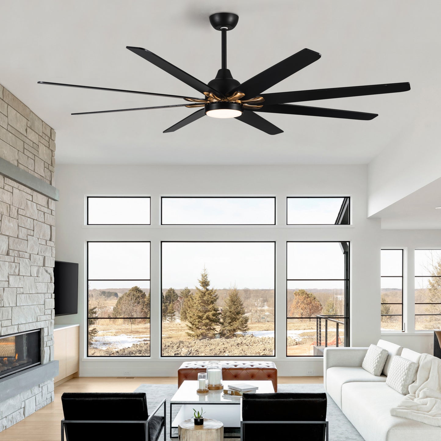 72" Black Wooden Large Ceiling Fan With LED Light and Remote Control