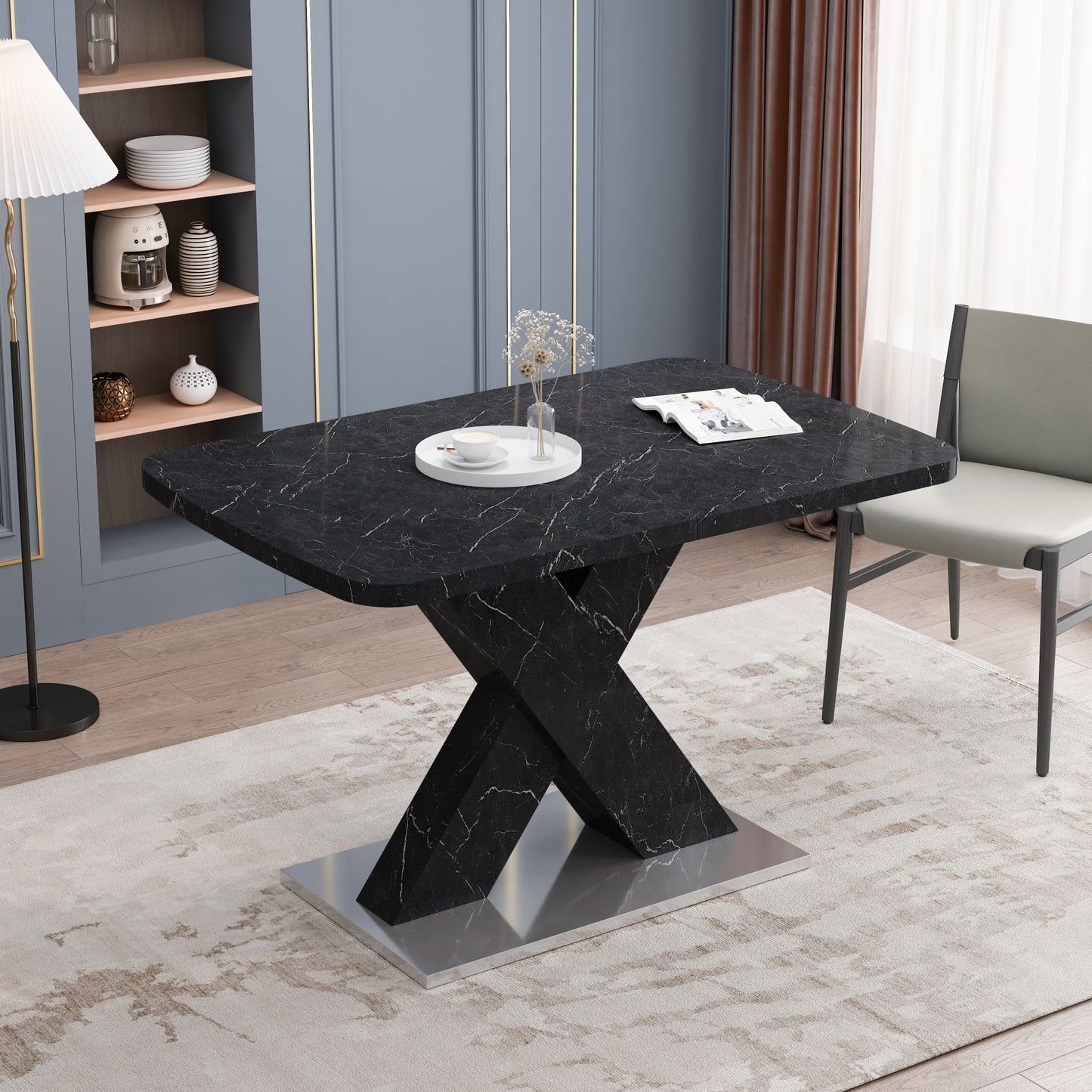 Black Marble Modern Square Dining Table. Metal Base
