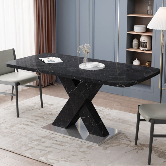 Black Marble Modern Square Dining Table. Metal Base