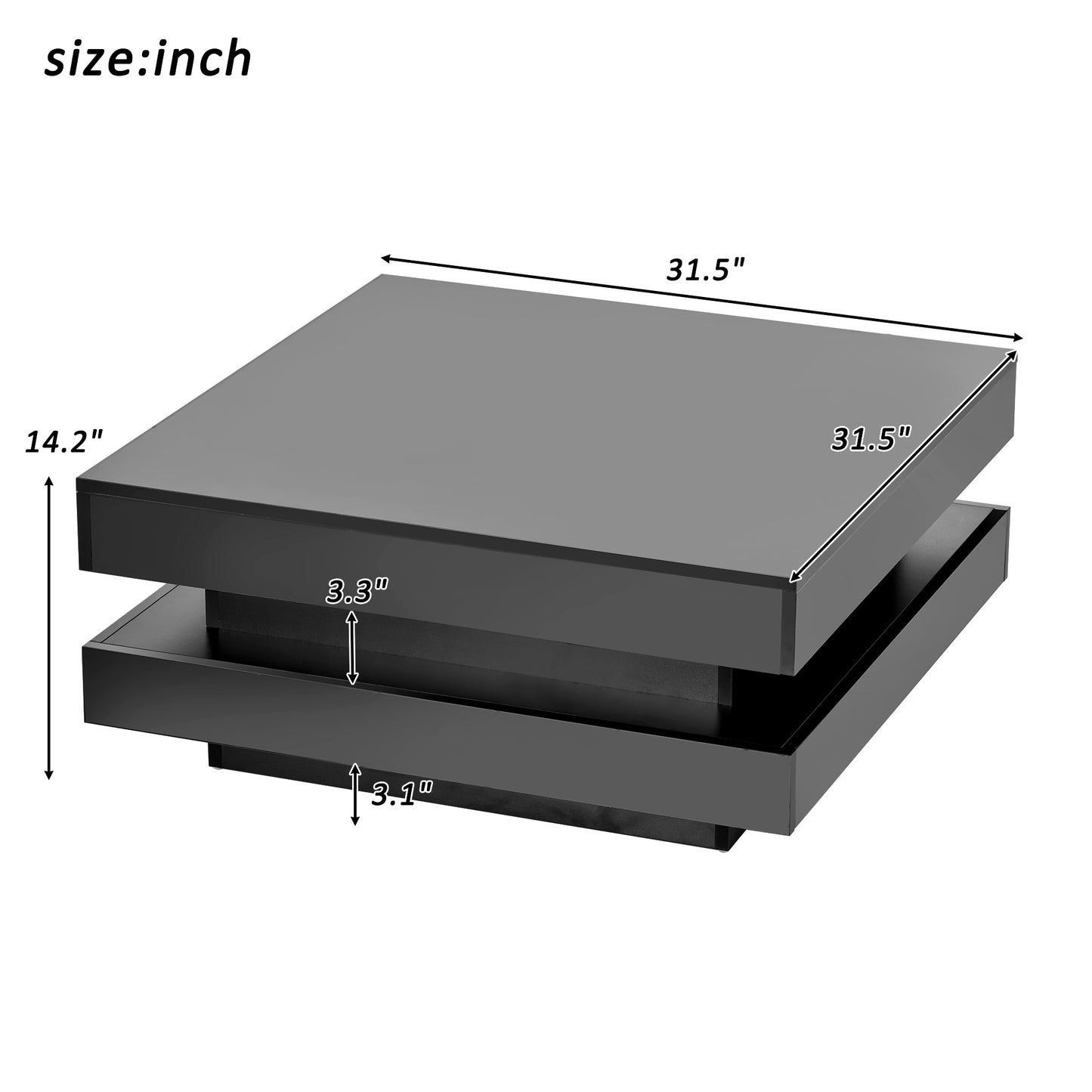 Black High Gloss Minimalist 2-Tier Square Coffee Table