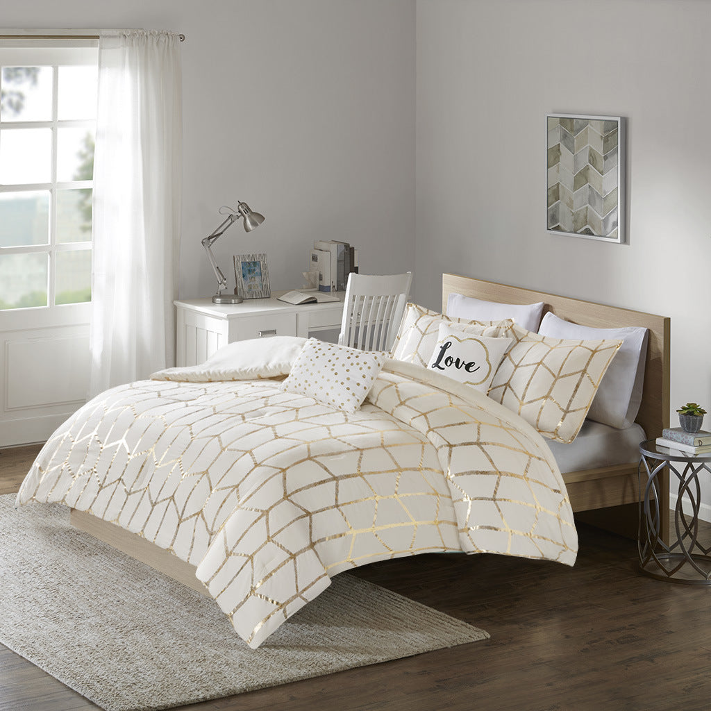 Cream Metallic Printed Comforter Set,