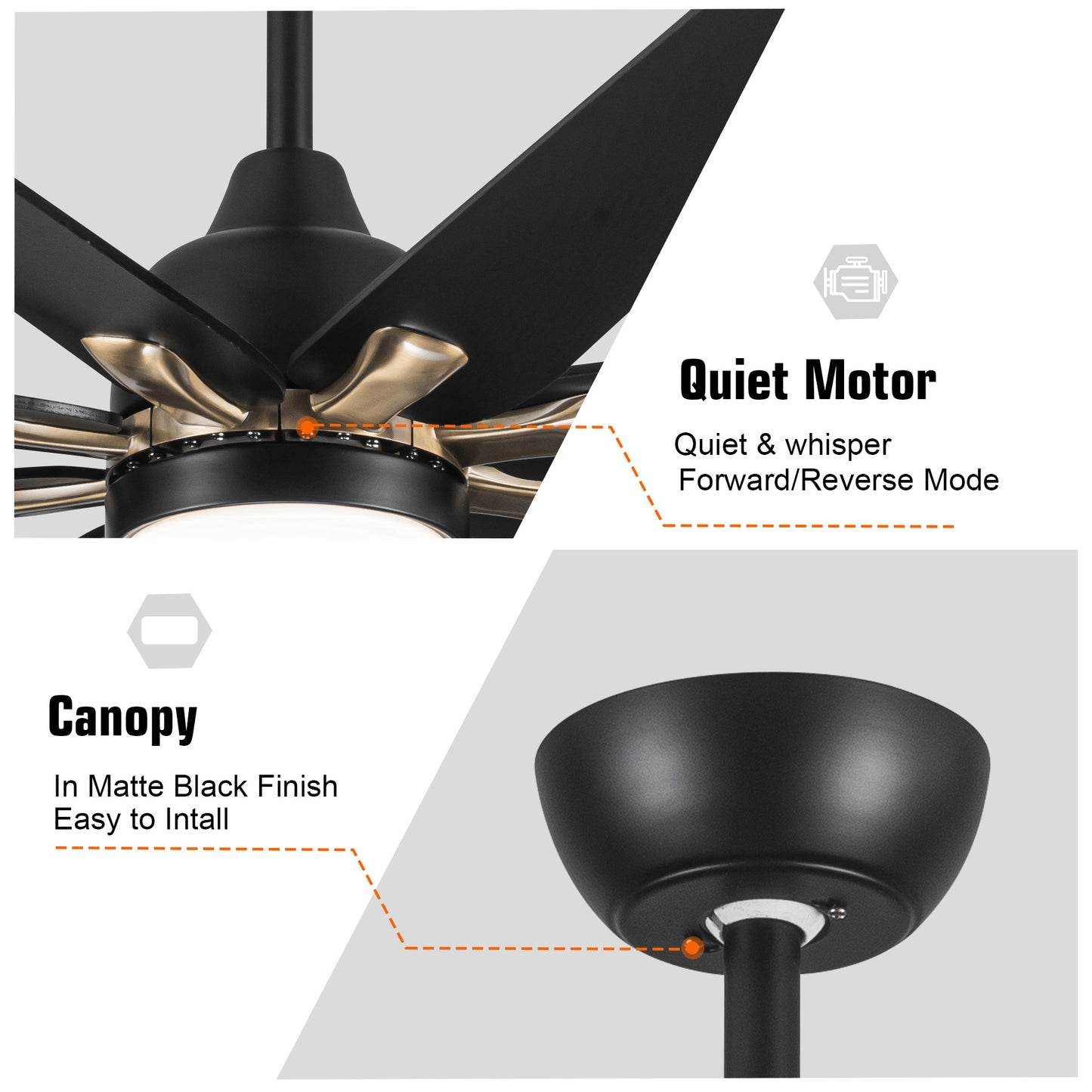 72" Black Wooden Large Ceiling Fan With LED Light and Remote Control