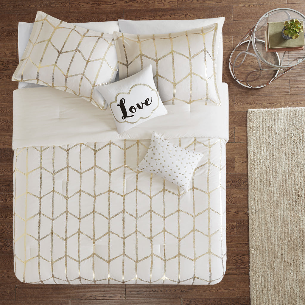 Cream Metallic Printed Comforter Set,