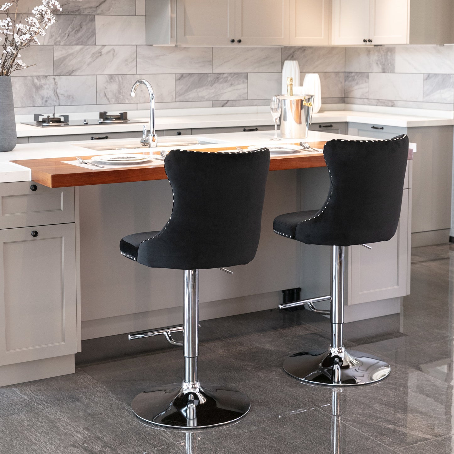 Black Swivel Velvet Barstools, Modern Upholstered Chrome base