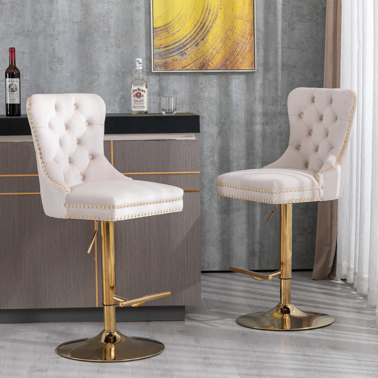 Beige Thick Golden Swivel Velvet Tufted Barstools, Set of 2