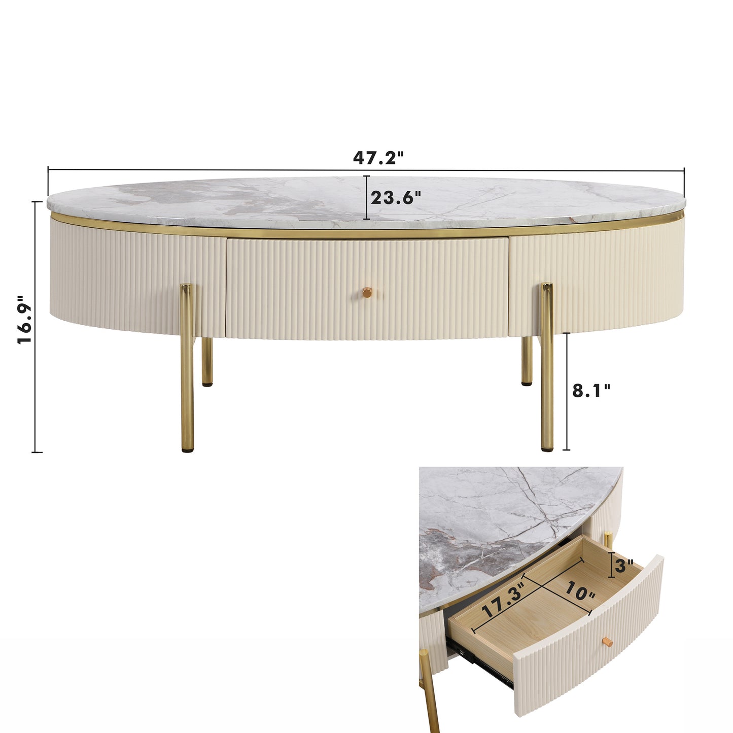 Modern Oval Coffee Table with 2 large Drawers