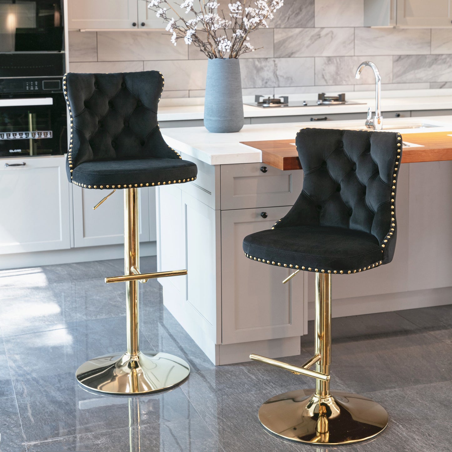 Black Modern Golden Swivel Velvet Barstools, Set of 2