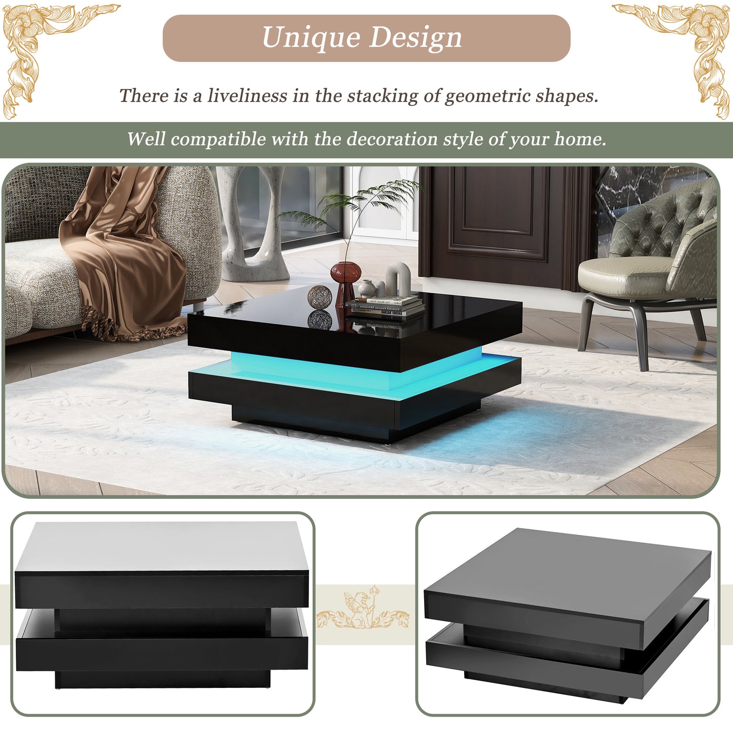 Black High Gloss Minimalist 2-Tier Square Coffee Table