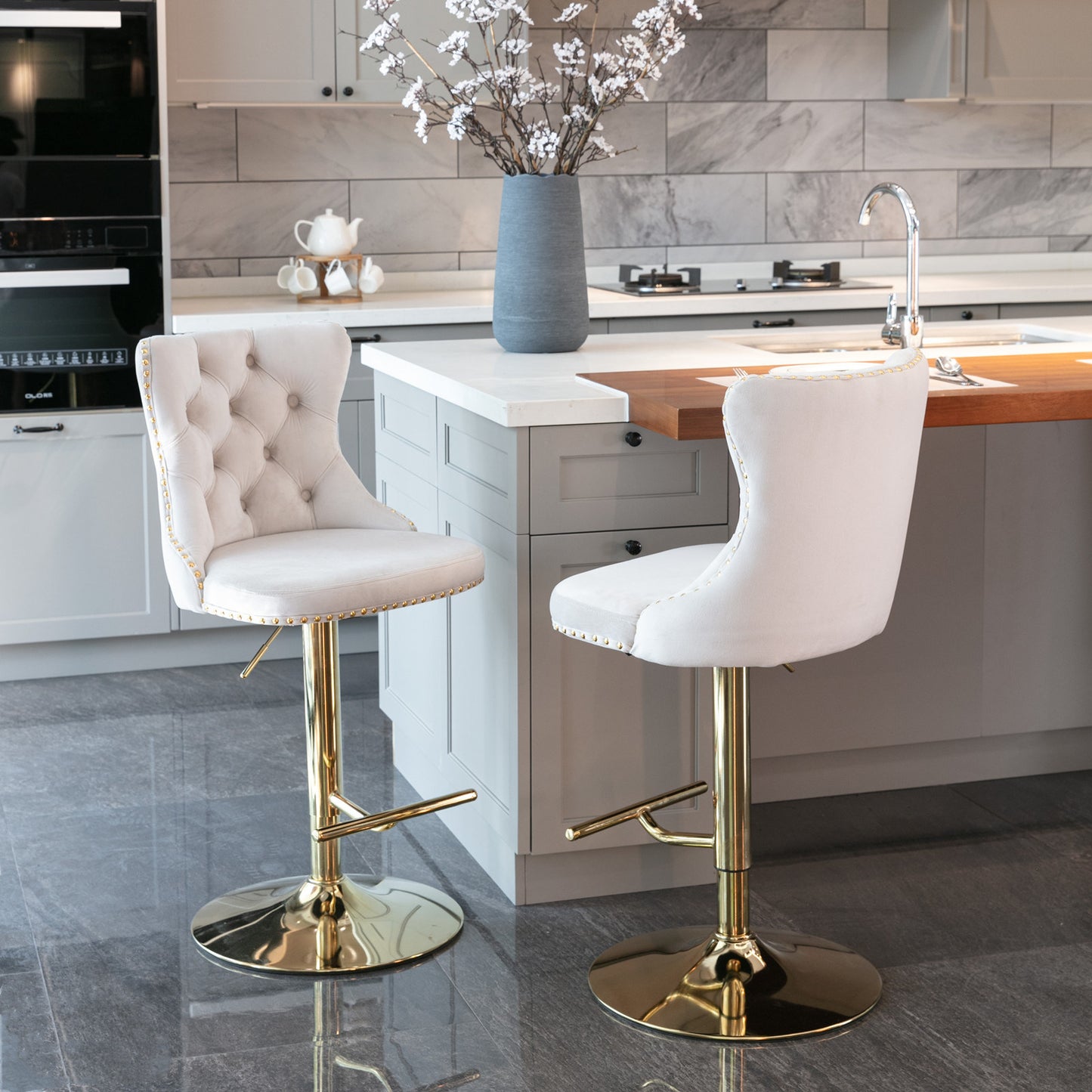 Beige Golden Swivel Velvet Barstools, Set of 2)