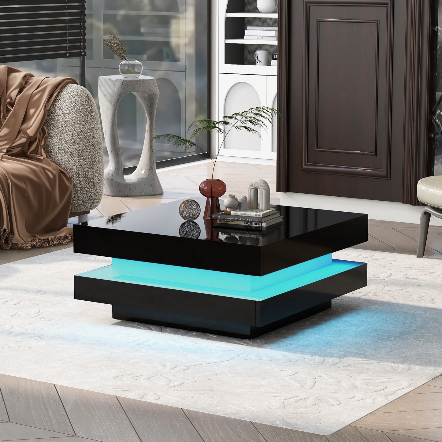 Black High Gloss Minimalist 2-Tier Square Coffee Table