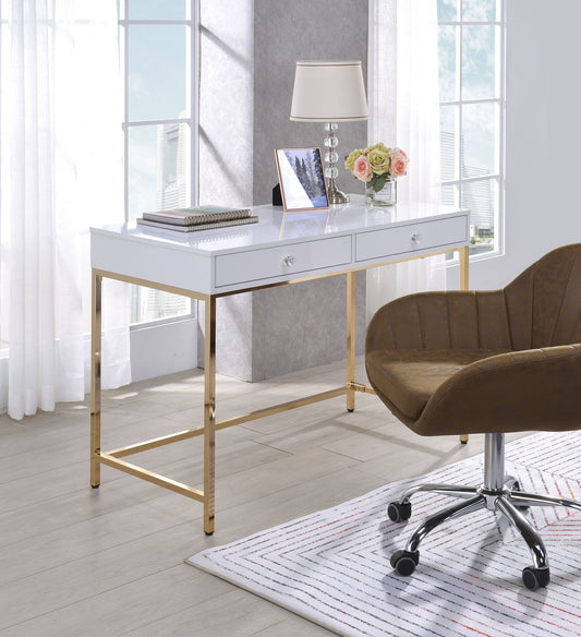 ACME Ottey Vanity Desk in White High Gloss & Gold Finish