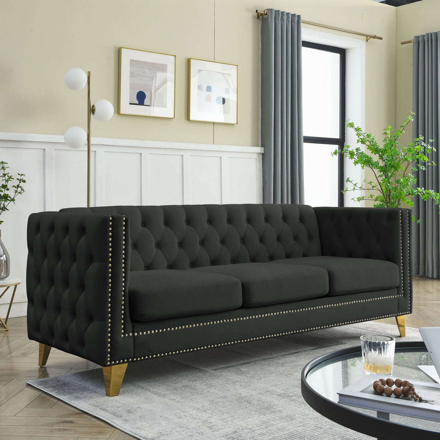 Black Velvet Tufted Sofa
