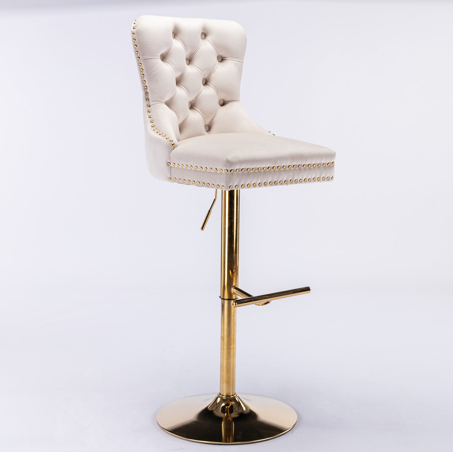 Beige Thick Golden Swivel Velvet Tufted Barstools, Set of 2