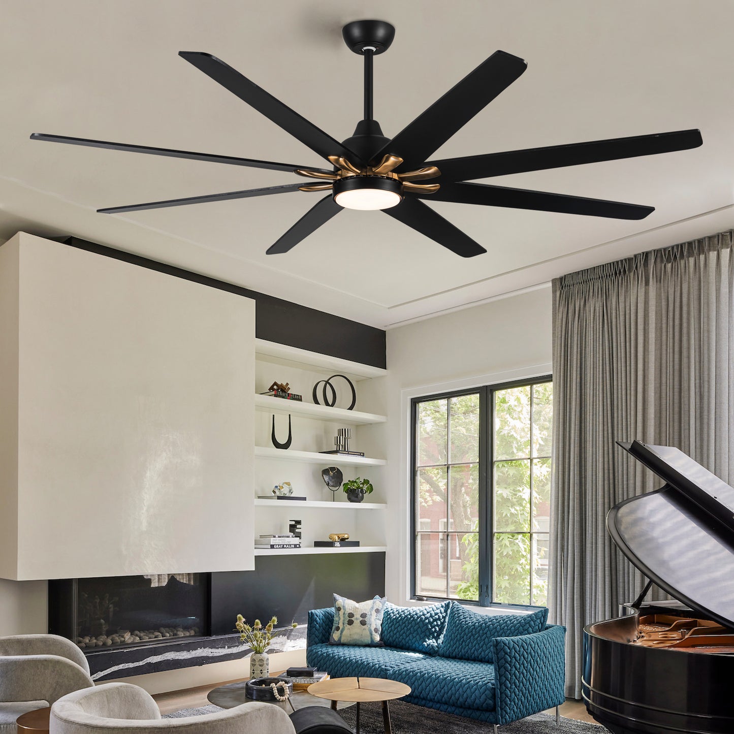 72" Black Wooden Large Ceiling Fan With LED Light and Remote Control