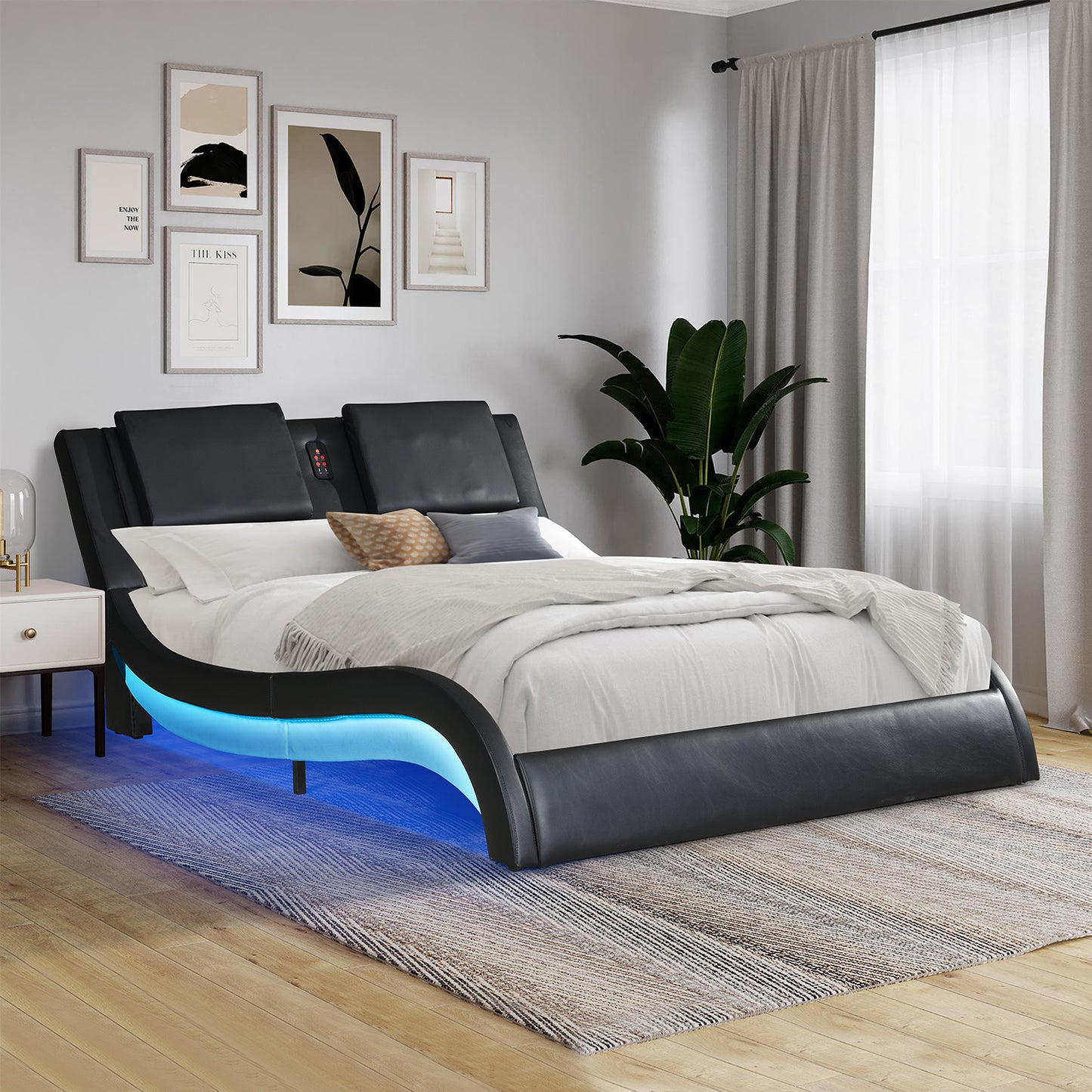 Faux Leather Upholstered Platform Bed Frame with led lighting, Queen