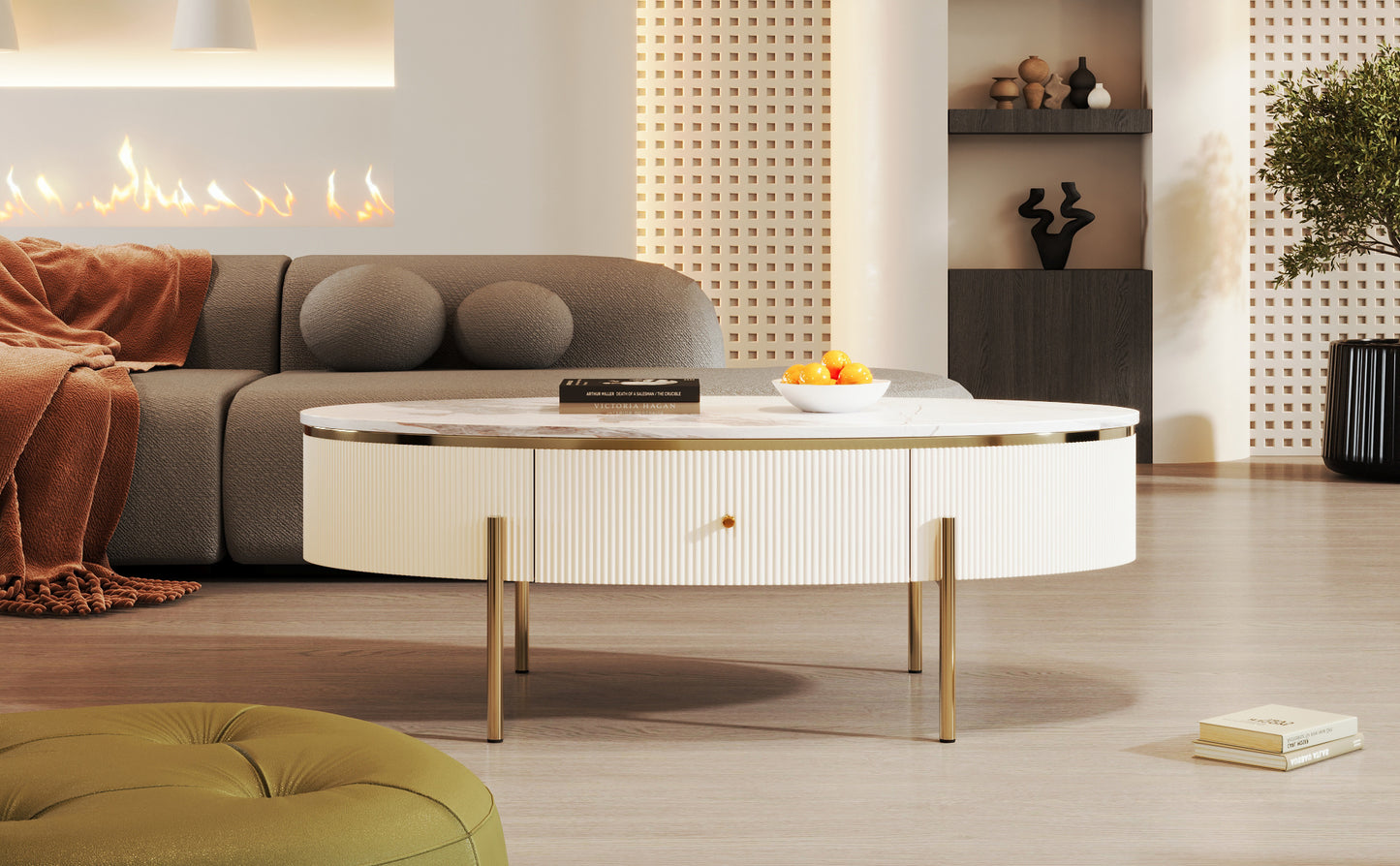 Modern Oval Coffee Table with 2 large Drawers