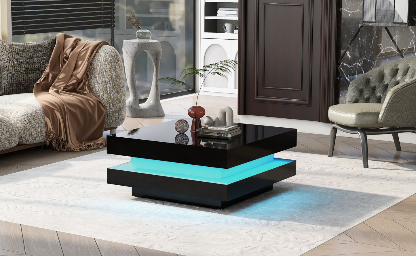 Black High Gloss Minimalist 2-Tier Square Coffee Table