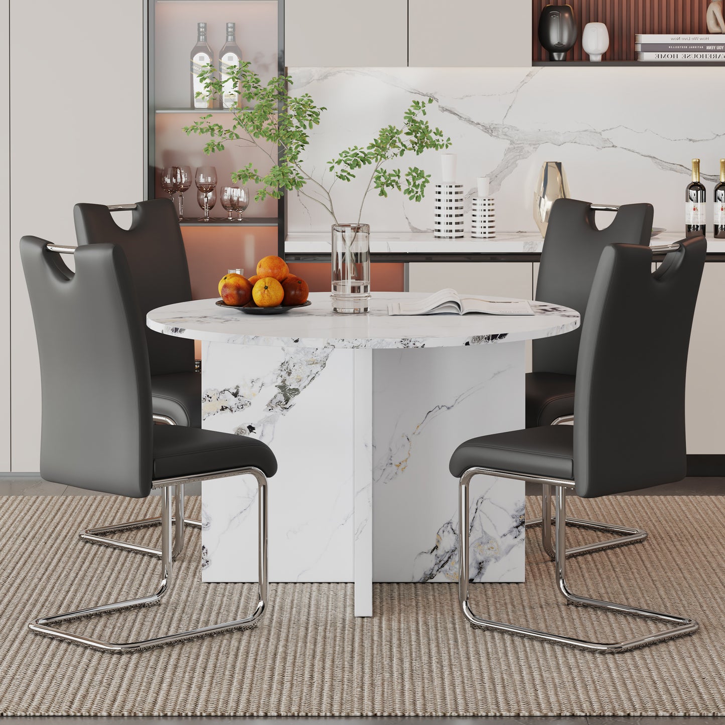 5 piece Round Dining Table Set, 47" Modern Kitchen Table