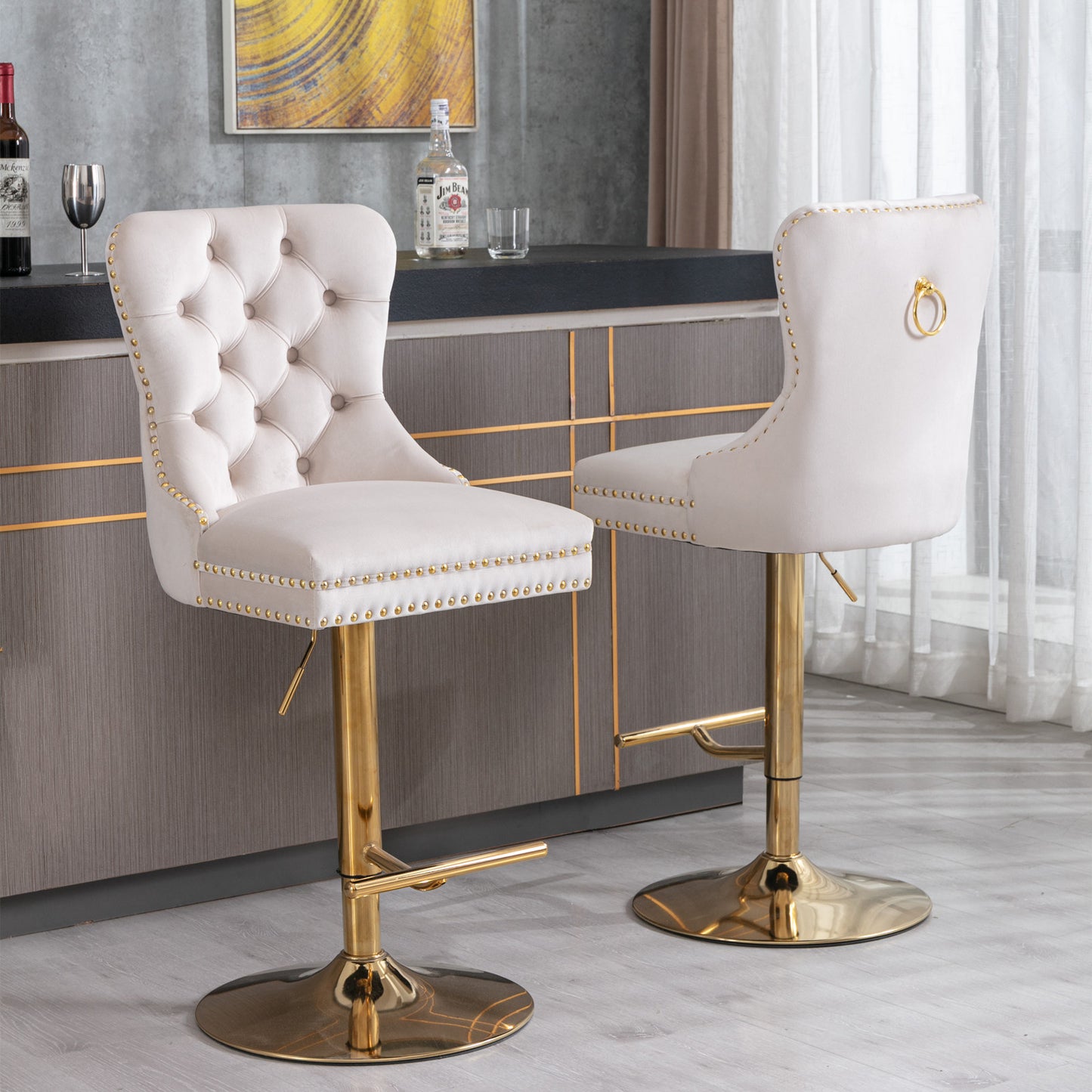 Beige Thick Golden Swivel Velvet Tufted Barstools, Set of 2