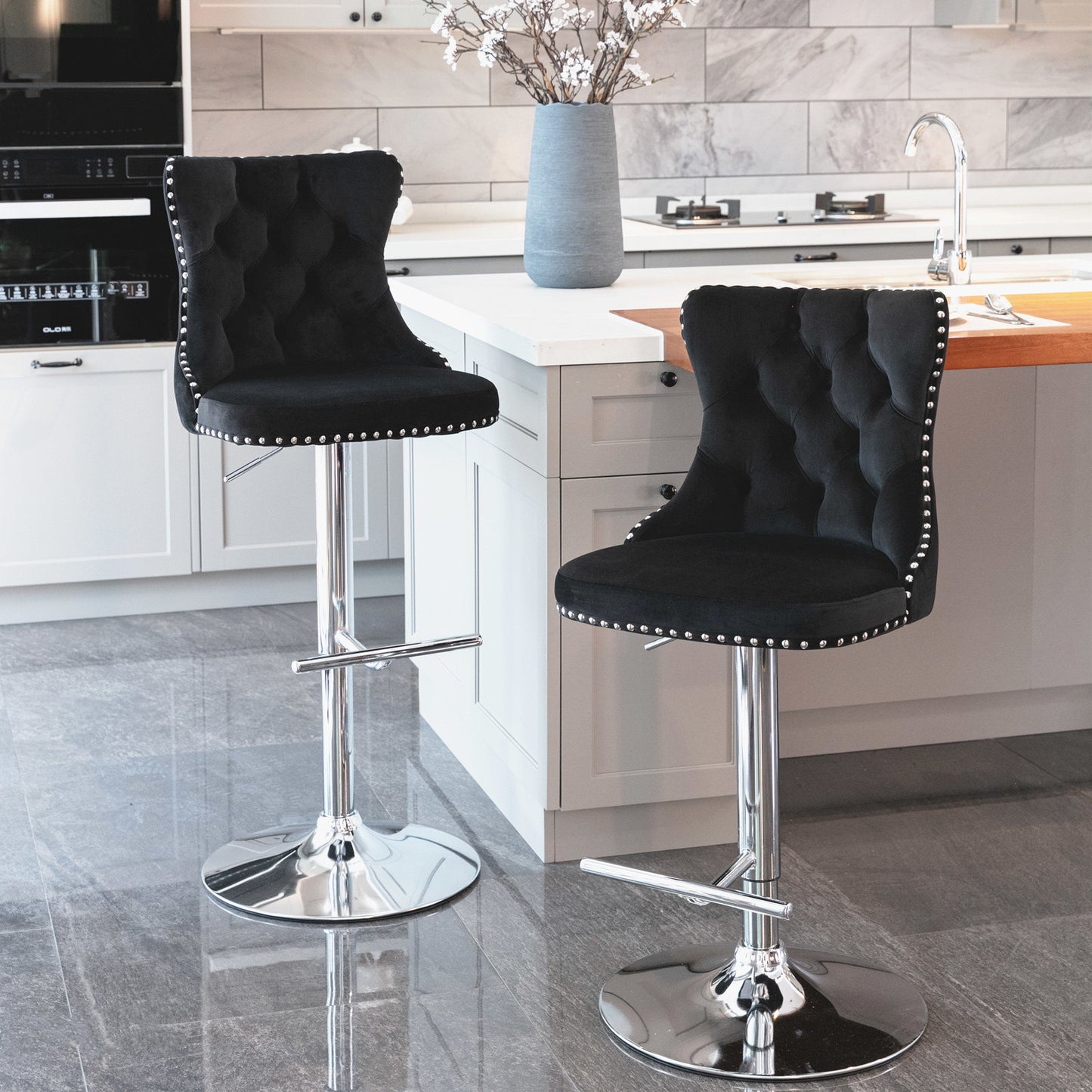 Black Swivel Velvet Barstools, Modern Upholstered Chrome base