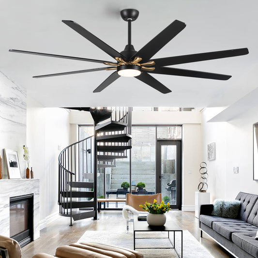 72" Black Wooden Large Ceiling Fan With LED Light and Remote Control