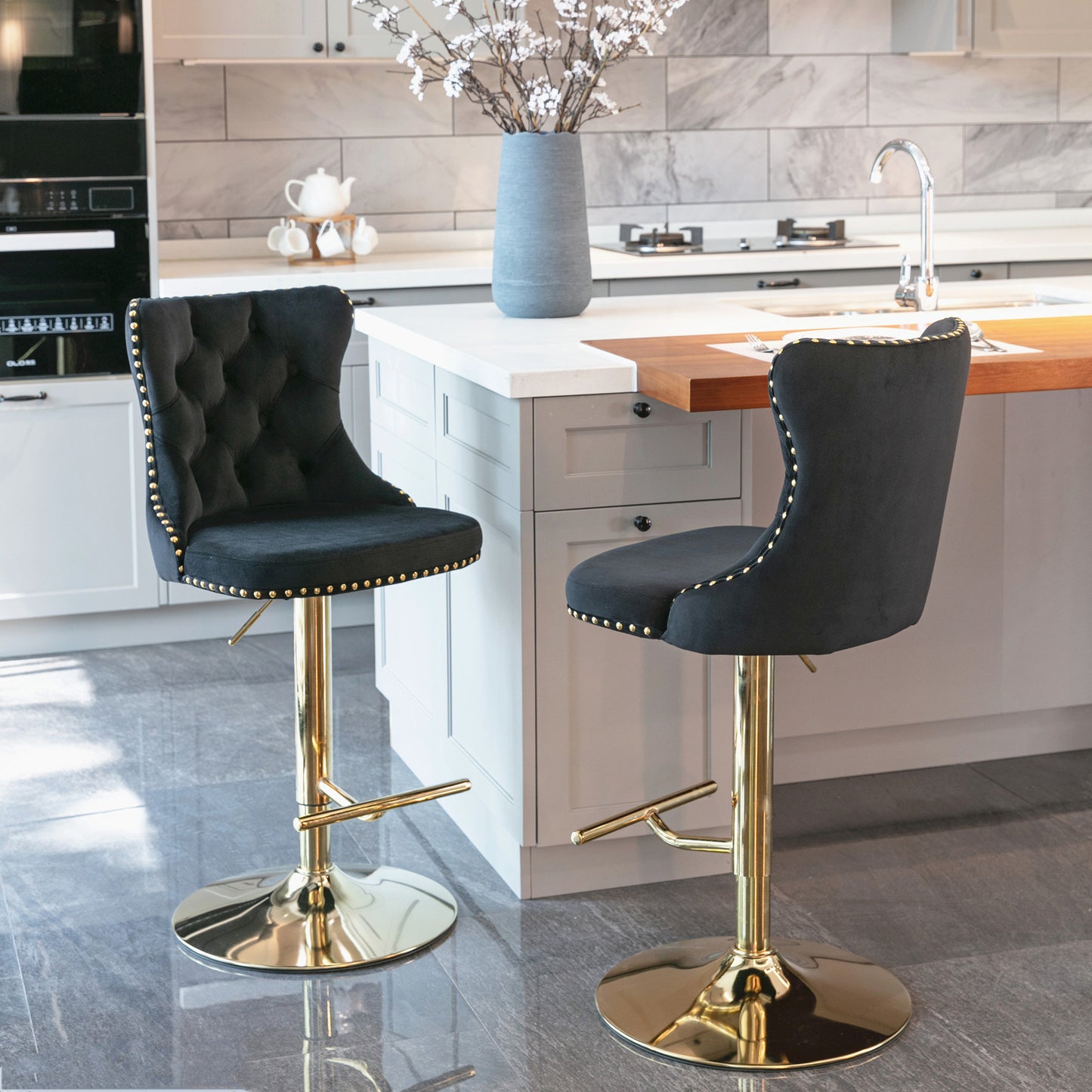 Black Modern Golden Swivel Velvet Barstools, Set of 2