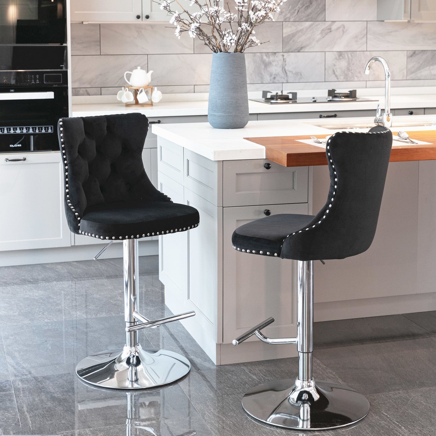 Black Swivel Velvet Barstools, Modern Upholstered Chrome base