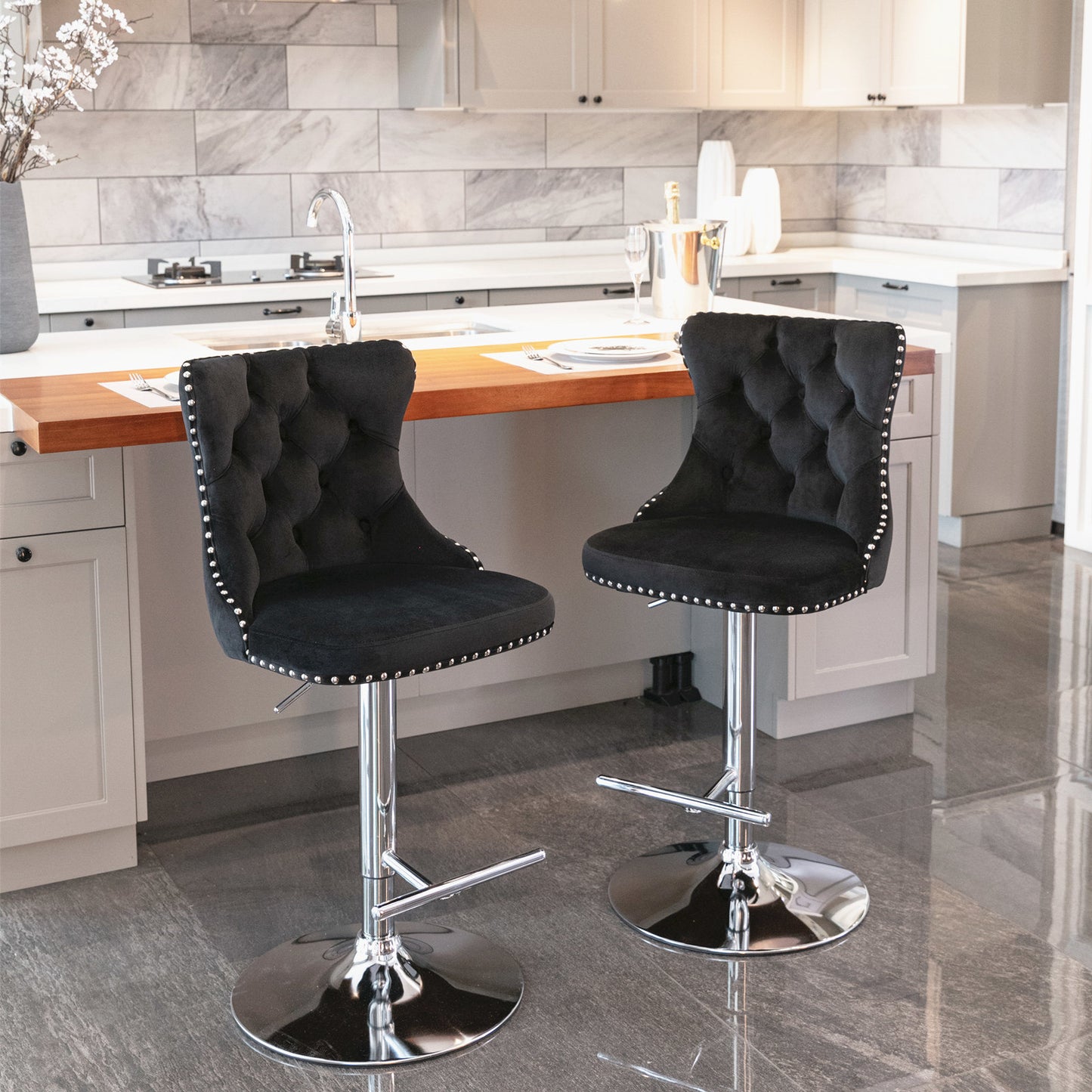 Black Swivel Velvet Barstools, Modern Upholstered Chrome base