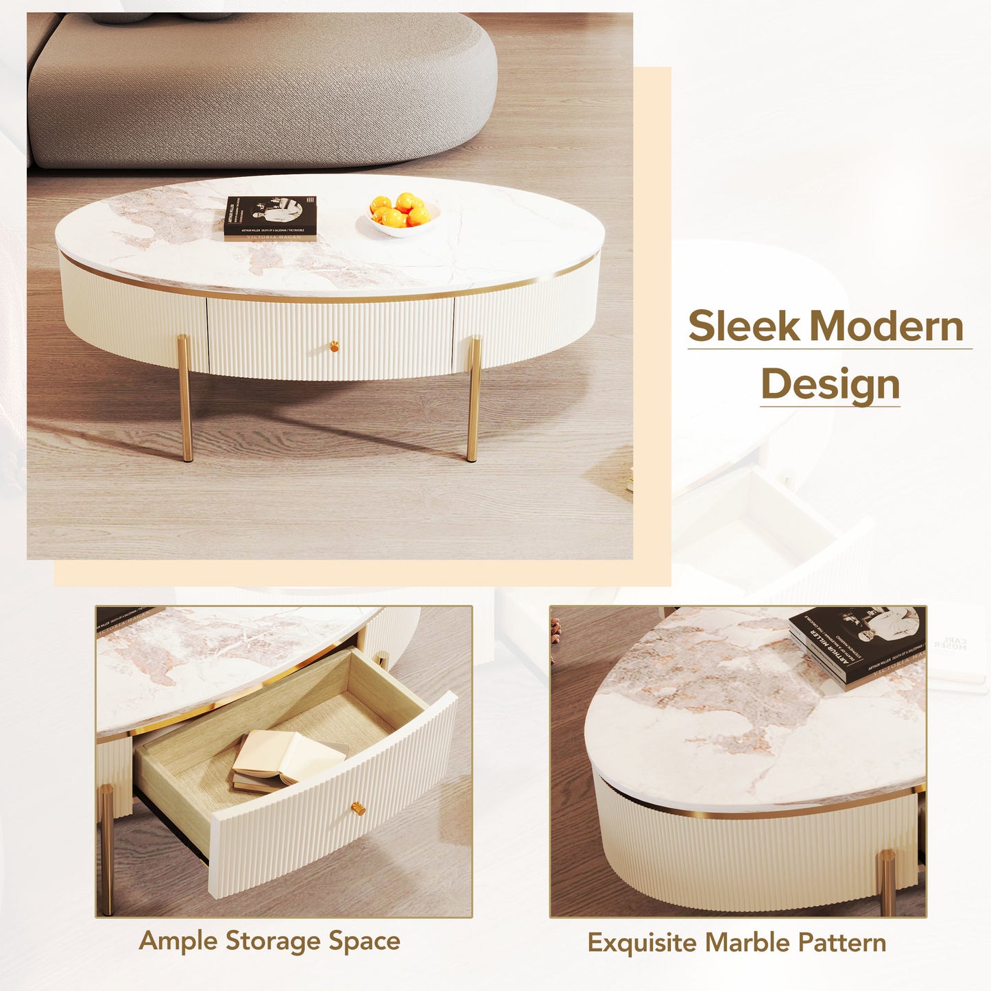 Modern Oval Coffee Table with 2 large Drawers