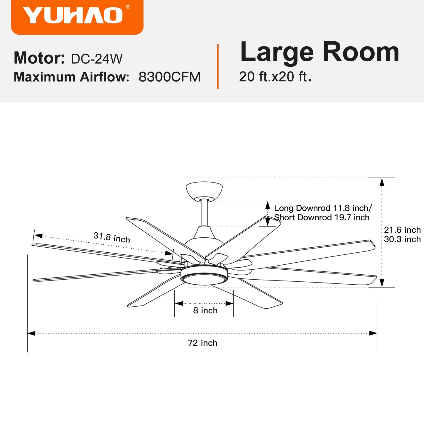 72" Black Wooden Large Ceiling Fan With LED Light and Remote Control