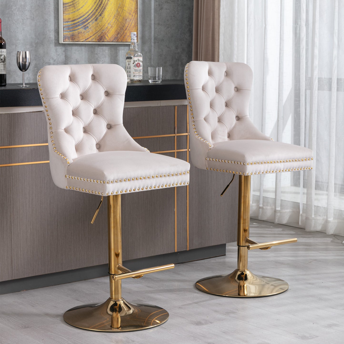 Beige Thick Golden Swivel Velvet Tufted Barstools, Set of 2